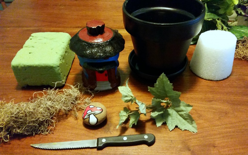 supplies for making a self-contained fairy garden