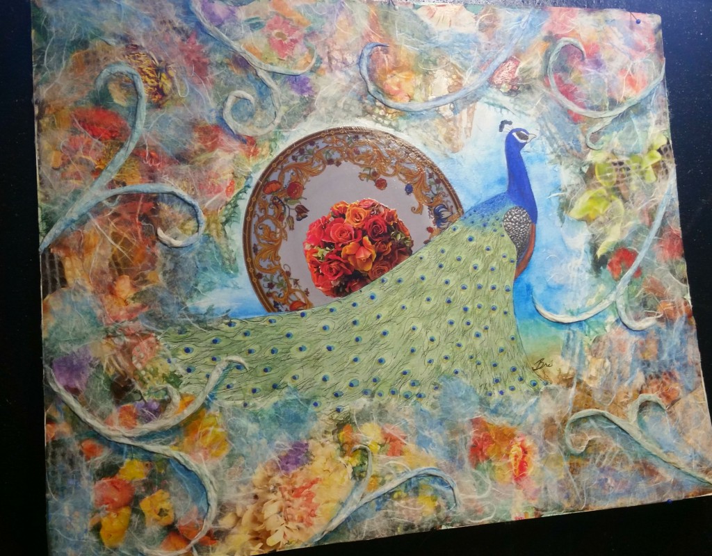 peacock watercolor collage on illustration board